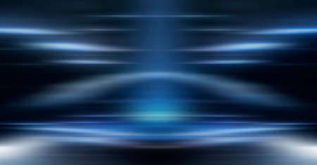 Dark background with lines and spotlights, neon light, night view. Abstract blue background. Empty neon scene with rays, blur, night view.の写真素材