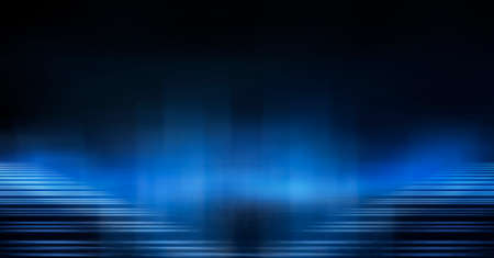 Dark background with lines and spotlights, neon light, night view. Abstract blue background. Empty neon scene with rays, blur, night view.の写真素材