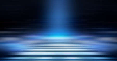 Dark background with lines and spotlights, neon light, night view. Abstract blue background. Empty neon scene with rays, blur, night view.の写真素材