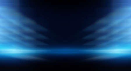 Dark background with lines and spotlights, neon light, night view. Abstract blue background. Empty neon scene with rays, blur, night view.の写真素材