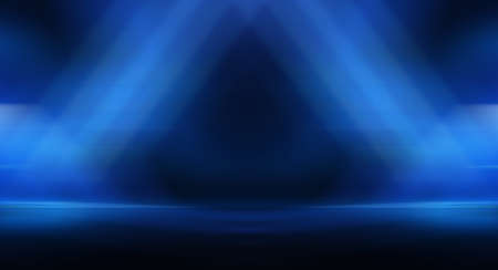 Dark background with lines and spotlights, neon light, night view. Abstract blue background. Empty neon scene with rays, blur, night view.の写真素材