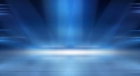 Dark background with lines and spotlights, neon light, night view. Abstract blue background. Empty neon scene with rays, blur, night view.の写真素材