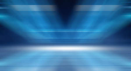 Dark background with lines and spotlights, neon light, night view. Abstract blue background. Empty...
