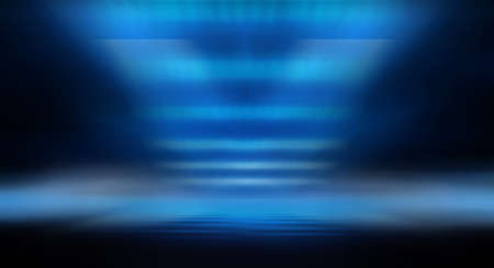 Dark background with lines and spotlights, neon light, night view. Abstract blue background. Empty neon scene with rays, blur, night view.の写真素材