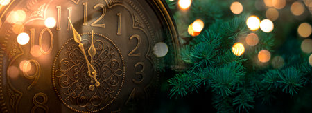 New Year banner with clock. Neon lights, holiday lights. Time shows 12 o'clock, New Year and Christmas 2021. Winter holiday background. Green festive background, golden bokeh. Narrow banner, festive background.の写真素材