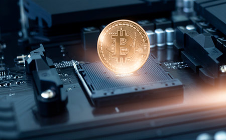 Abstract dark neon background with bitcoin, dynamic lines, lightning. Modern design, cryptocurrency.の写真素材