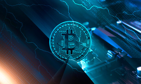 Abstract dark neon background with bitcoin, dynamic lines, lightning. Modern design, cryptocurrency.の写真素材