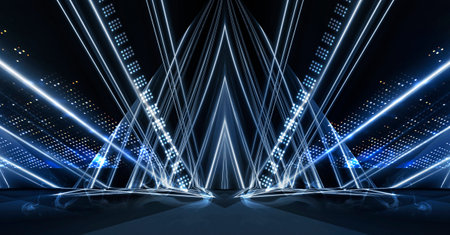 Background of empty stage show. Neon light and laser show. Laser futuristic shapes on a dark background. Blue neon light, symmetrical reflection in water, futuristic landscape, stage.の写真素材