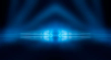 Background of empty stage show. Neon light and laser show. Laser futuristic shapes on a dark...