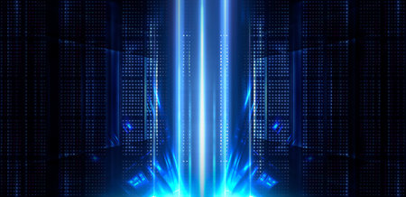 Background of empty stage show. Neon light and laser show. Laser futuristic shapes on a dark...