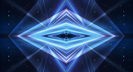 Abstract dark futuristic blue night background. Rays and lines, lightning, lights. Blue neon light,...