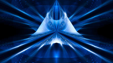 Abstract dark futuristic blue night background. Rays and lines, lightning, lights. Blue neon light, symmetrical reflection, futuristic light tunnel, stage.の写真素材
