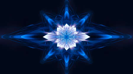 Abstract dark futuristic blue night background. Rays and lines, lightning, lights. Blue neon light, symmetrical reflection, futuristic light tunnel, stage.の写真素材