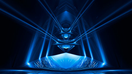 Abstract dark futuristic blue night background. Rays and lines, lightning, lights. Blue neon light, symmetrical reflection, futuristic light tunnel, stage.の写真素材