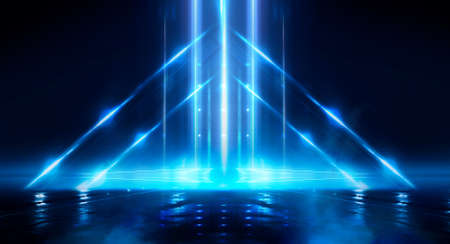 Dark background with lines and spotlights, blue neon light, night view. Abstract blue background....