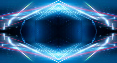 Dark background with lines and spotlights, blue neon light, night view. Abstract blue background....