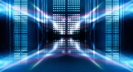 Dark background with lines and spotlights, blue neon light, night view. Abstract blue background....