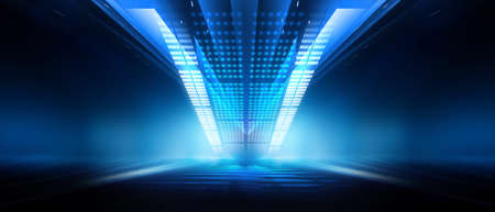 Dark background with lines and spotlights, blue neon light, night view. Abstract blue background....