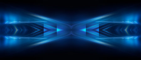Dark background with lines and spotlights, blue neon light, night view. Abstract blue background. Futuristic modern patterns, symmetrical reflection.の写真素材