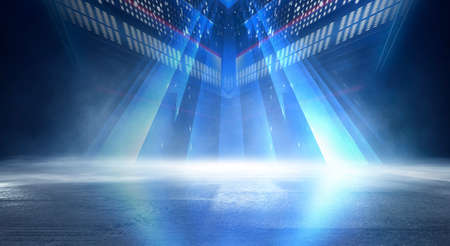 Dark background with lines and spotlights, blue neon light, night view. Abstract blue background....