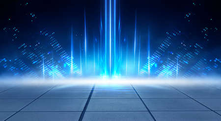 Dark background with lines and spotlights, blue neon light, night view. Abstract blue background....