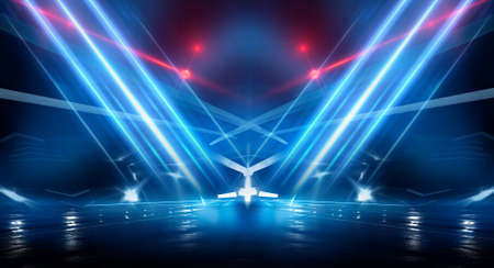 Dark background with lines and spotlights, blue neon light, night view. Abstract blue background....