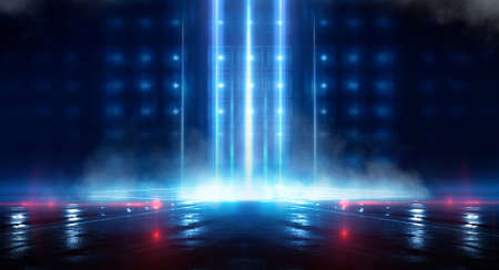 Dark background with lines and spotlights, blue neon light, night view. Abstract blue background....