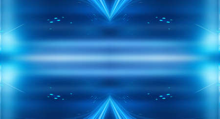 Dark background with lines and spotlights, blue neon light, night view. Abstract blue background. Futuristic modern patterns, symmetrical reflection.の写真素材
