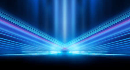 Dark background with lines and spotlights, blue neon light, night view. Abstract blue background. Futuristic modern patterns, symmetrical reflection.の写真素材