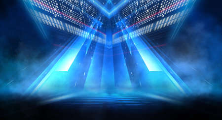 Dark background with lines and spotlights, blue neon light, night view. Abstract blue background....