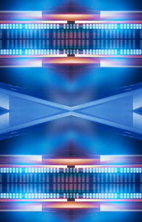 Abstract blue dark neon background with lines and spotlights, neon blue light, night view. Modern...