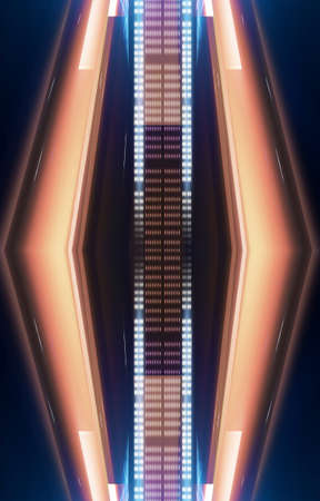Abstract blue dark neon background with lines and spotlights, neon blue light, night view. Modern...