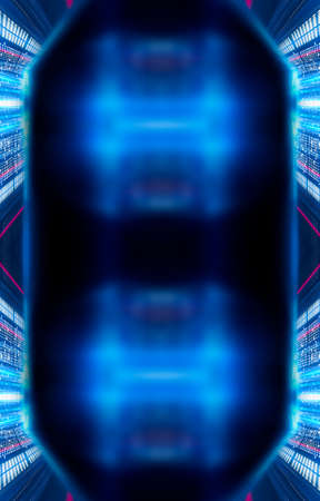 Abstract blue dark neon background with lines and spotlights, neon blue light, night view. Modern...