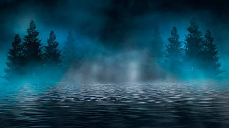 Futuristic night landscape with abstract landscape and island, moonlight, shine. Dark natural scene with reflection of light in the water, neon blue light.の写真素材