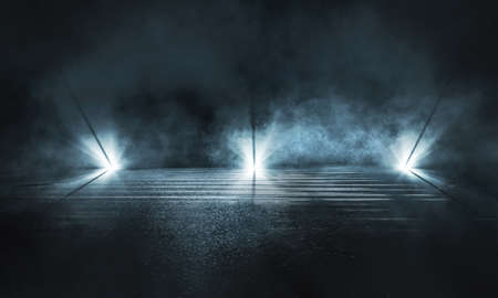 Light effect, blurred background. Wet asphalt, night view of the city, neon reflections on the...