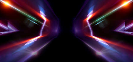 Dark abstract futuristic background. Neon lines glow. Neon lines, shapes. Multi-colored glow, blurry...