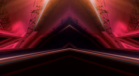 Dark abstract futuristic background. Neon lines glow. Neon lines, shapes. Multi-colored glow, blurry lights. Empty stage background. Dark blue background, yellow rays.の写真素材