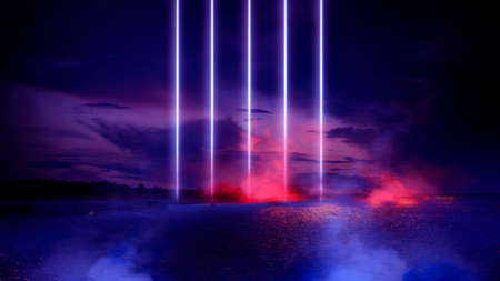 Dark street reflection on wet asphalt, fog, night city. Rays of neon light in the dark, neon light,...