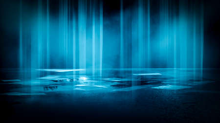 Dark street reflection on wet asphalt, fog, night city. Rays of neon light in the dark, neon light,...