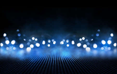 Dark street, wet asphalt, reflections of rays in the water. Abstract dark blue background, smoke, smog. Empty dark scene, neon light, spotlights. Concrete floorの写真素材