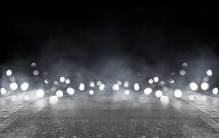 Dark street, wet asphalt, reflections of rays in the water. Abstract dark blue background, smoke,...