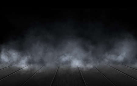 Dark street, wet asphalt, reflections of rays in the water. Abstract dark blue background, smoke, smog. Empty dark scene, neon light, spotlights. Concrete floorの写真素材