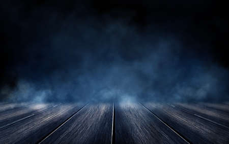 Dark street, wet asphalt, reflections of rays in the water. Abstract dark blue background, smoke,...