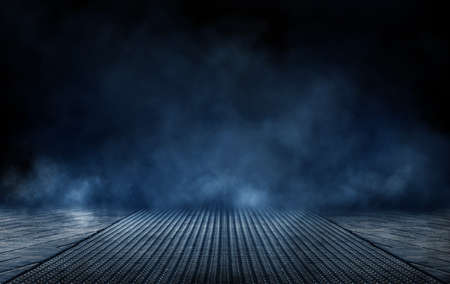 Dark street, wet asphalt, reflections of rays in the water. Abstract dark blue background, smoke, smog. Empty dark scene, neon light, spotlights. Concrete floorの写真素材
