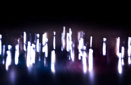 Dark street, wet asphalt, reflections of rays in the water. Abstract dark blue background, smoke, smog. Empty dark scene, neon light, spotlights. Concrete floorの写真素材