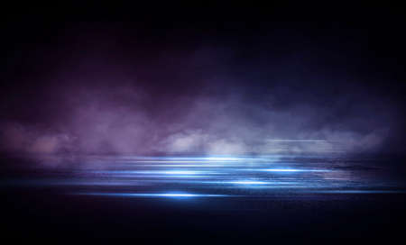 Dark street, wet asphalt, reflections of rays in the water. Abstract dark blue background, smoke,...
