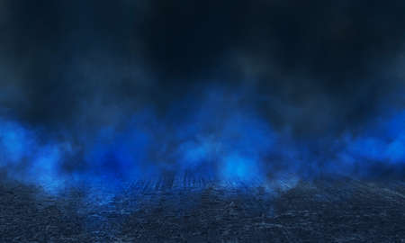 Dark street, wet asphalt, reflections of rays in the water. Abstract dark blue background, smoke, smog. Empty dark scene, neon light, spotlights. Concrete floorの写真素材