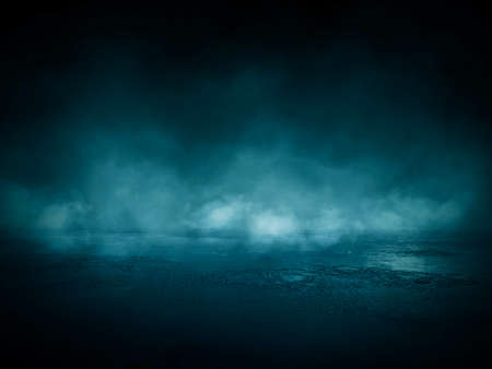 Dark street, wet asphalt, reflections of rays in the water. Abstract dark blue background, smoke, smog. Empty dark scene, neon light, spotlights. Concrete floorの写真素材