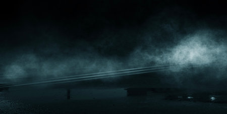 Dark street, wet asphalt, reflections of rays in the water. Abstract dark blue background, smoke, smog. Empty dark scene, neon light, spotlights. Concrete floorの写真素材
