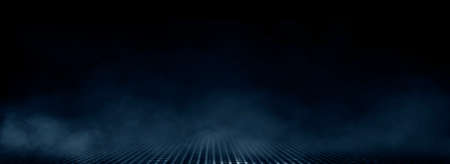 Dark street, wet asphalt, reflections of rays in the water. Abstract dark blue background, smoke,...